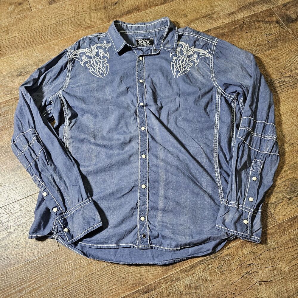 Buckle Black Men’s L Athletic Fit Blue Embroidered Western Pearl Snap Shirt Y2K
